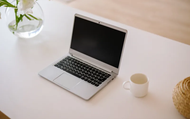 A silver laptop on a desk beside a mug